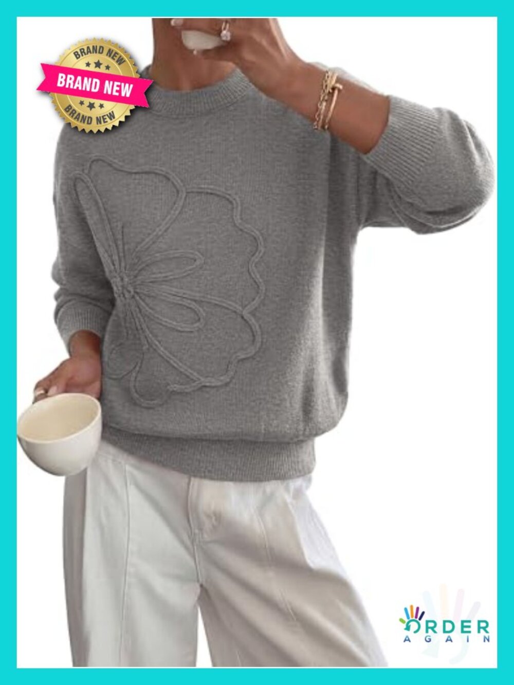 Women's Knit Pullover Sweater Floral Long Sleeve Crewneck